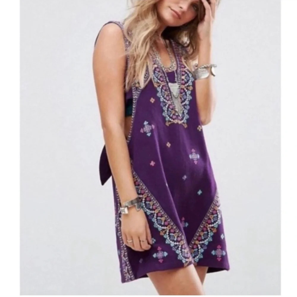 Free People Purple Embroidered Mini Dress